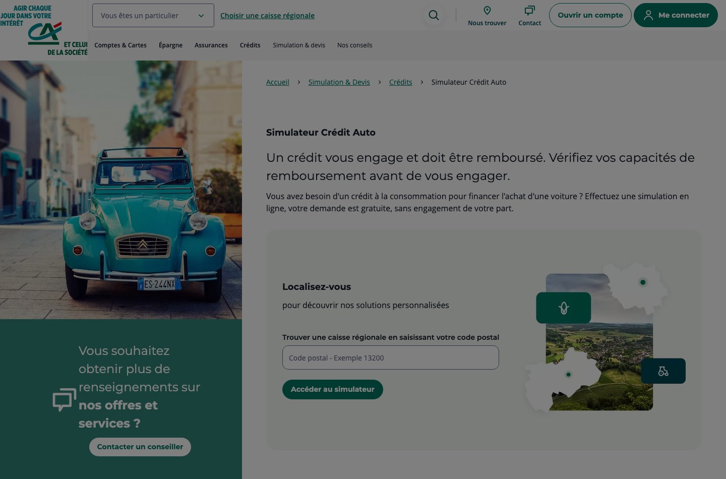 Page Simulateur Crédit Auto du Crédit Agricole demandant un code postal avant d'accéder au simulateur