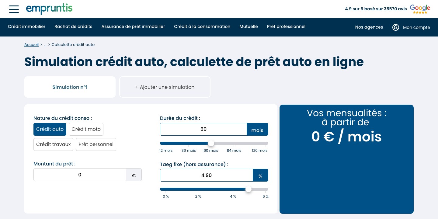 Calculette crédit auto d'Empruntis avec un champ Taeg fixe hors assurance prérempli à 4,90 pour cent