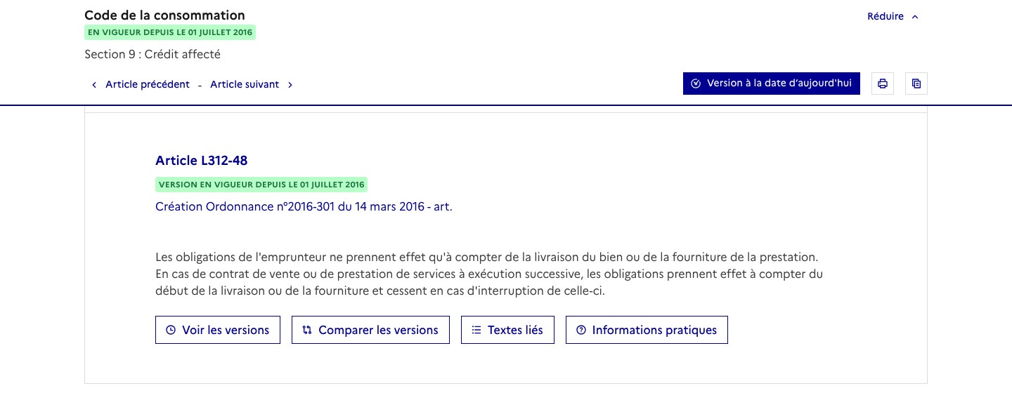 Article L312-48 du code de la consommation affiché sur Légifrance, section 9 crédit affecté