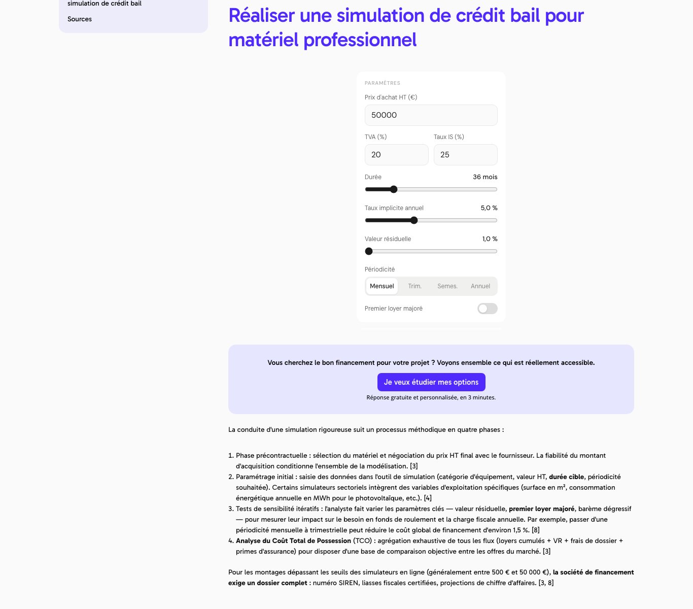 Capture du simulateur de crédit-bail de Cefin