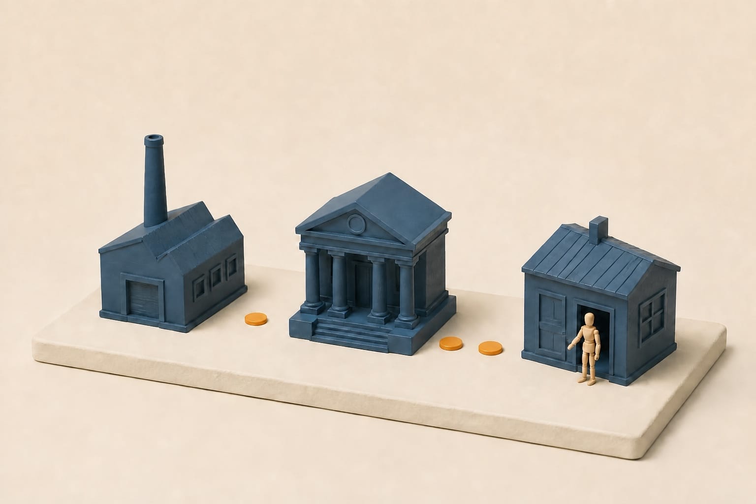 Trois bâtiments maquette reliés par des jetons, circuit du crédit-bail