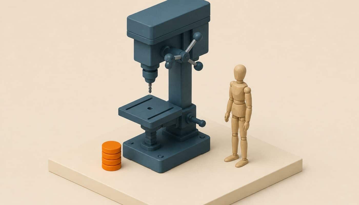 Diorama 3D maquette d une foreuse professionnelle en bleu ardoise avec un mannequin de bois et des jetons orange sur un socle ivoire
