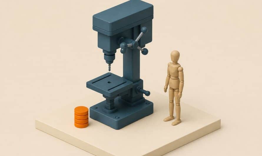 Diorama 3D maquette d une foreuse professionnelle en bleu ardoise avec un mannequin de bois et des jetons orange sur un socle ivoire