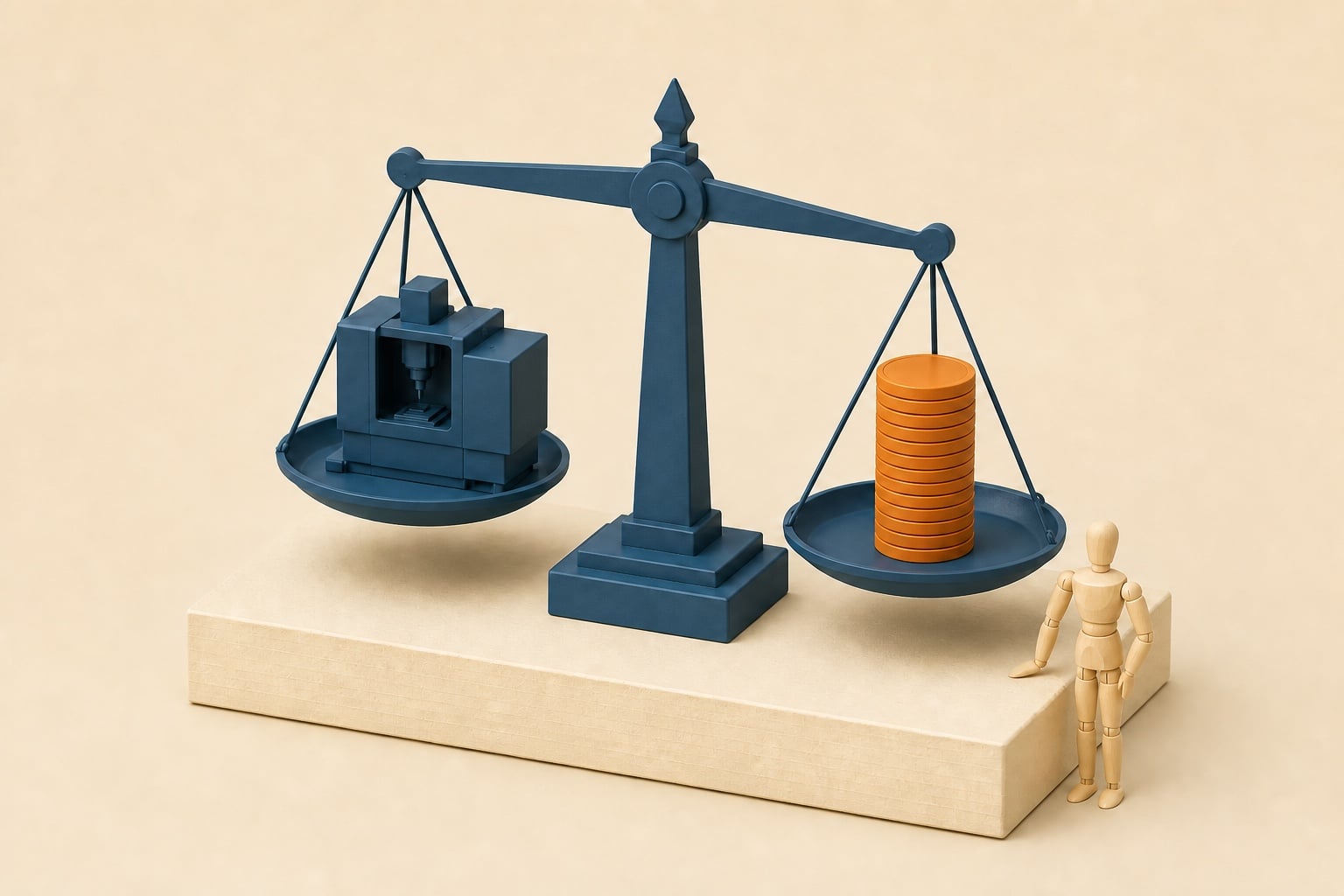 Maquette de balance entre une machine et une pile de jetons