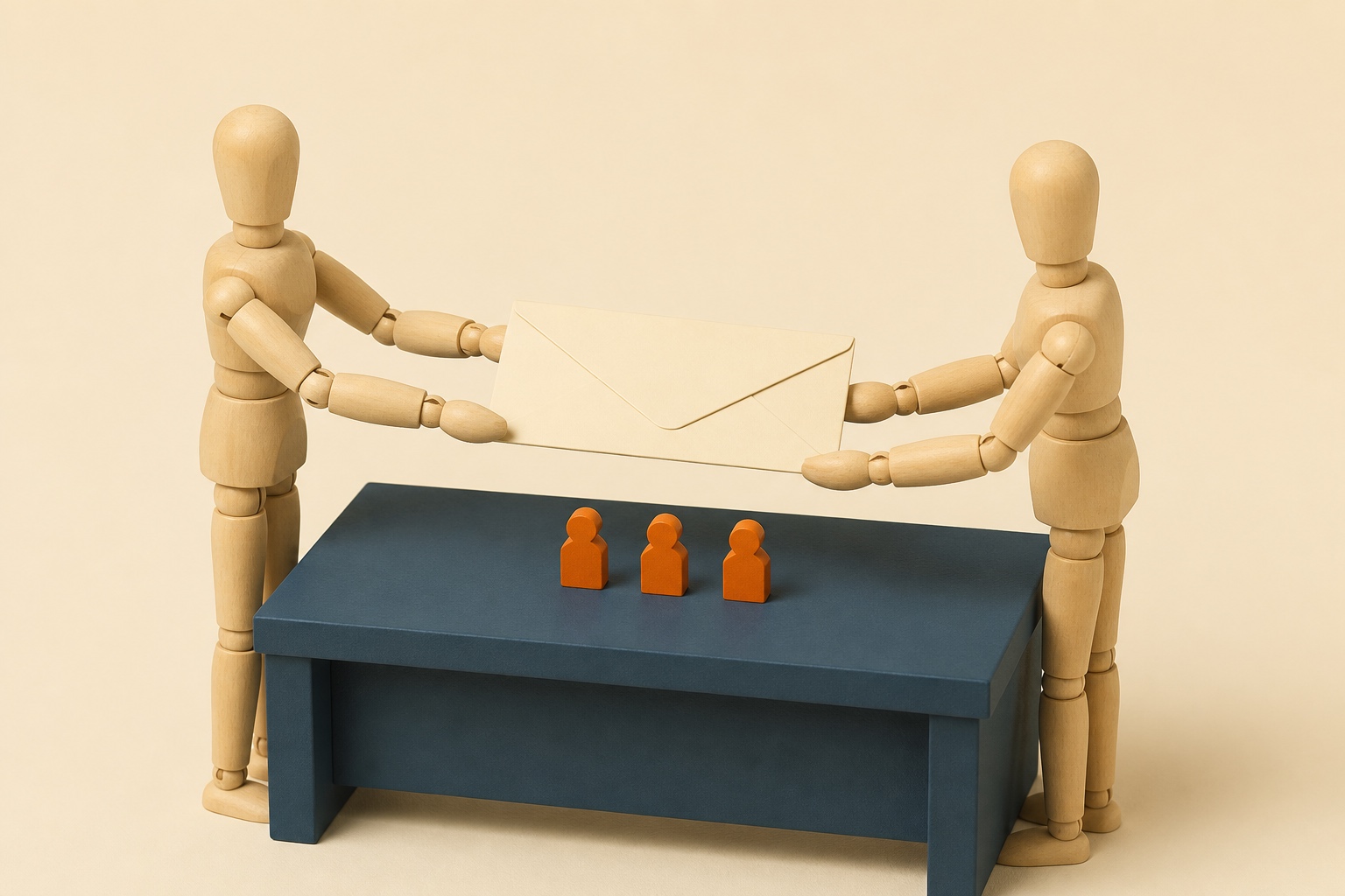 Diorama : deux mannequins de bois se transmettent une enveloppe ivoire vierge au-dessus d'une table slate