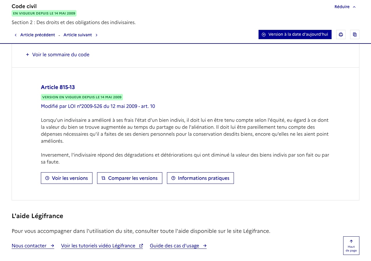 Capture de l'article 815-13 du code civil sur Légifrance, version en vigueur depuis le 14 mai 2009