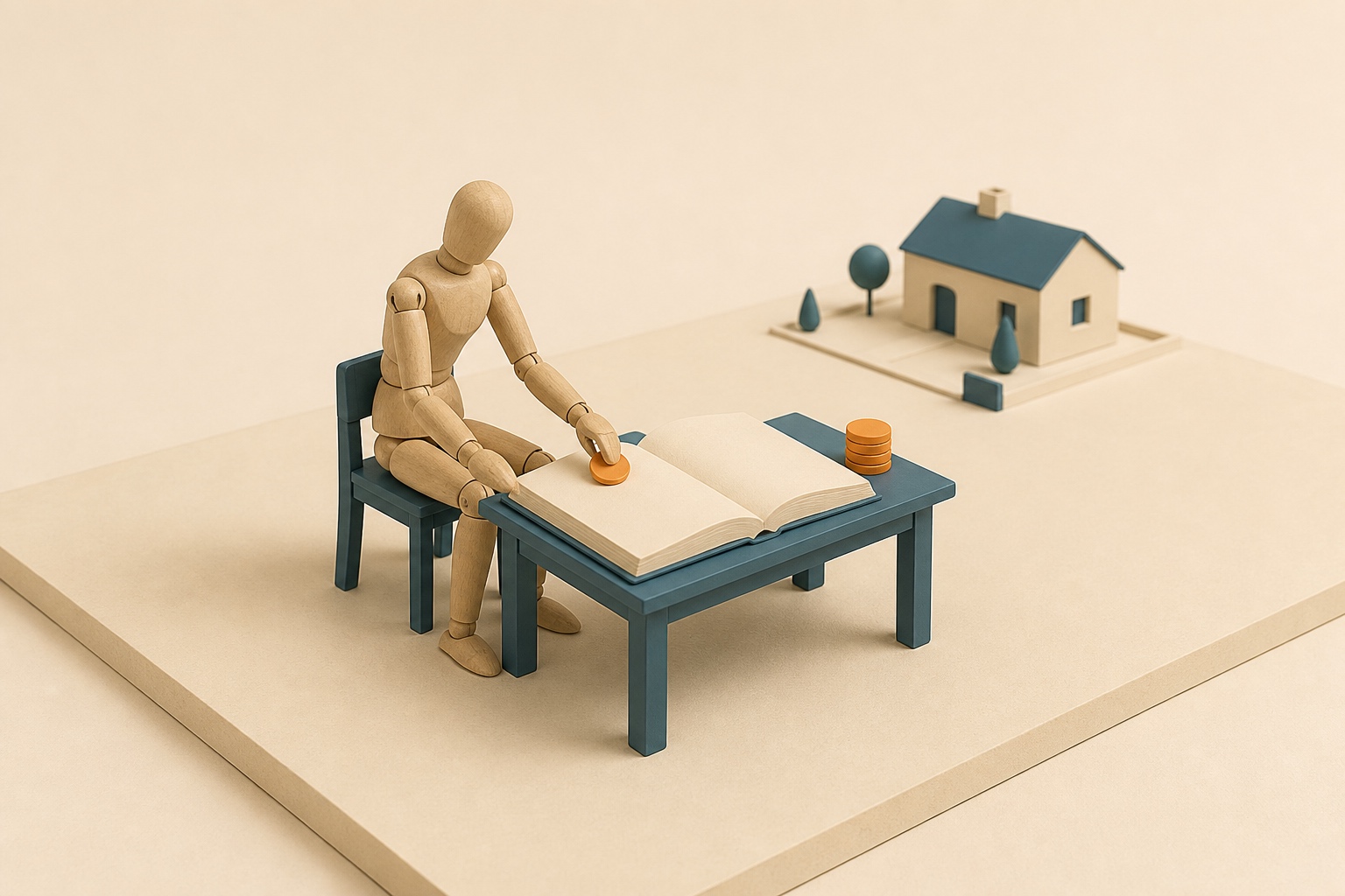 Diorama : mannequin de bois consulte un grand registre vierge avec une pile de jetons oranges, maison miniature au fond