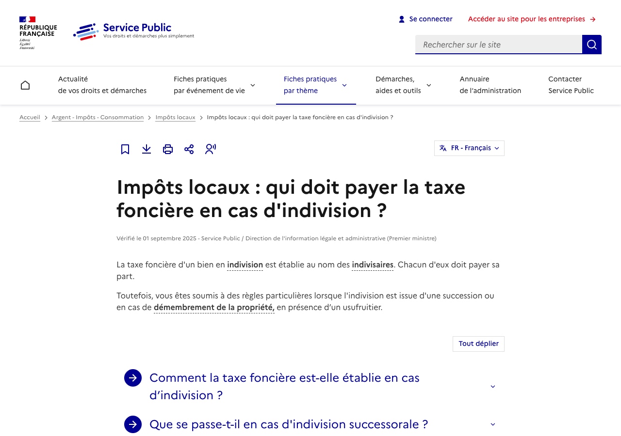 Fiche service-public F263 sur la taxe foncière en indivision, vérifiée le 1er septembre 2025