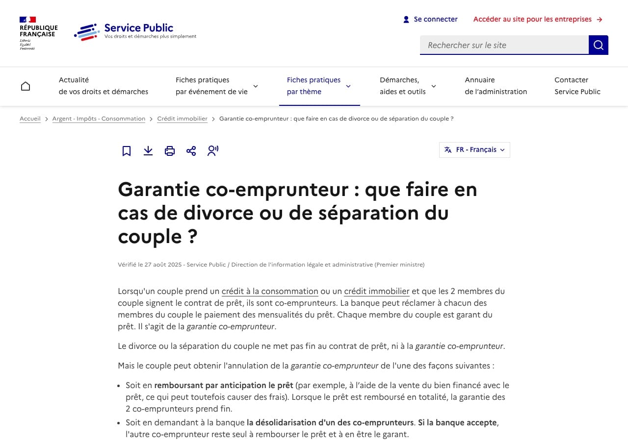 Fiche service-public F548 sur la garantie co-emprunteur en cas de séparation, vérifiée le 27 août 2025