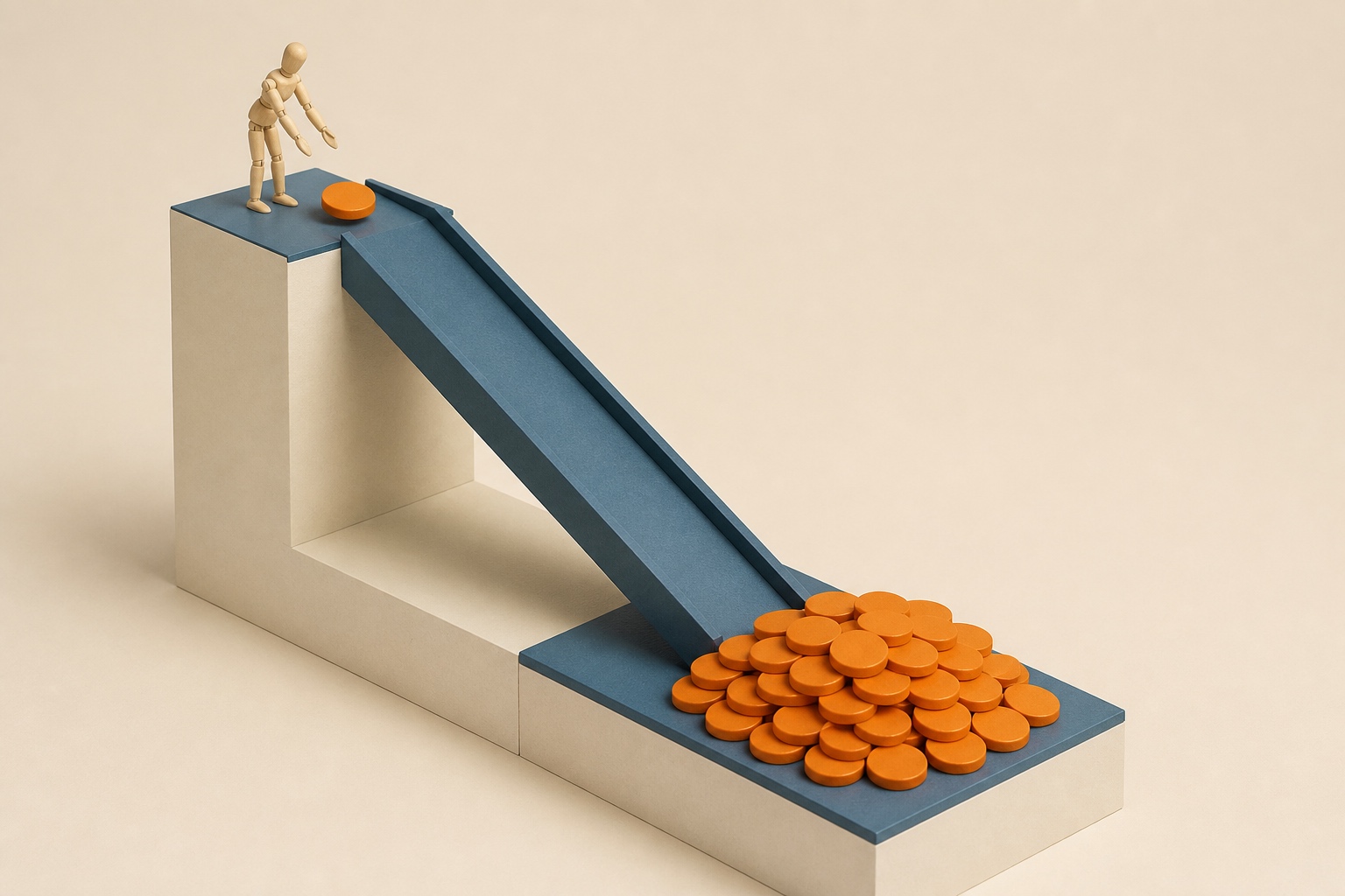 Diorama miniature : rampe slate sur socle ivoire, un jeton orangé lancé par un mannequin de bois, en bas une pile de jetons beaucoup plus haute