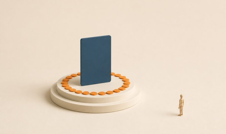 Diorama miniature : une carte de crédit bleu ardoise dressée sur un socle ivoire entourée d'un anneau de jetons orange, un mannequin de bois la regarde