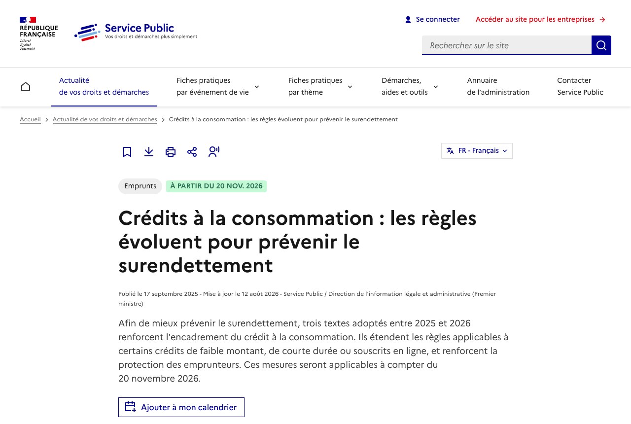 Page Service-Public annonçant l'évolution des règles du crédit à la consommation à partir du 20 novembre 2026