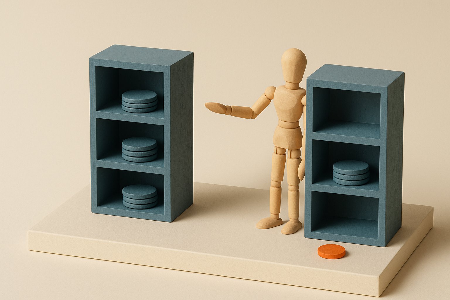 Maquette : deux étagères identiques, l'une avec trois casiers remplis de pièces, l'autre avec un seul casier rempli, avant et après un rachat de crédit