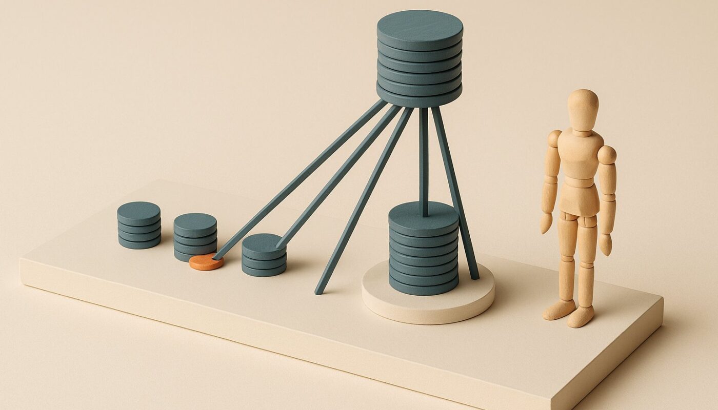 Maquette de scène miniature : plusieurs petites piles de pièces fusionnent en une seule grande pile, symbole du rachat de crédit