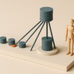 Maquette de scène miniature : plusieurs petites piles de pièces fusionnent en une seule grande pile, symbole du rachat de crédit