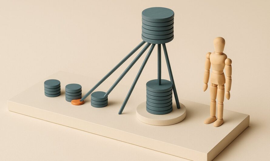 Maquette de scène miniature : plusieurs petites piles de pièces fusionnent en une seule grande pile, symbole du rachat de crédit