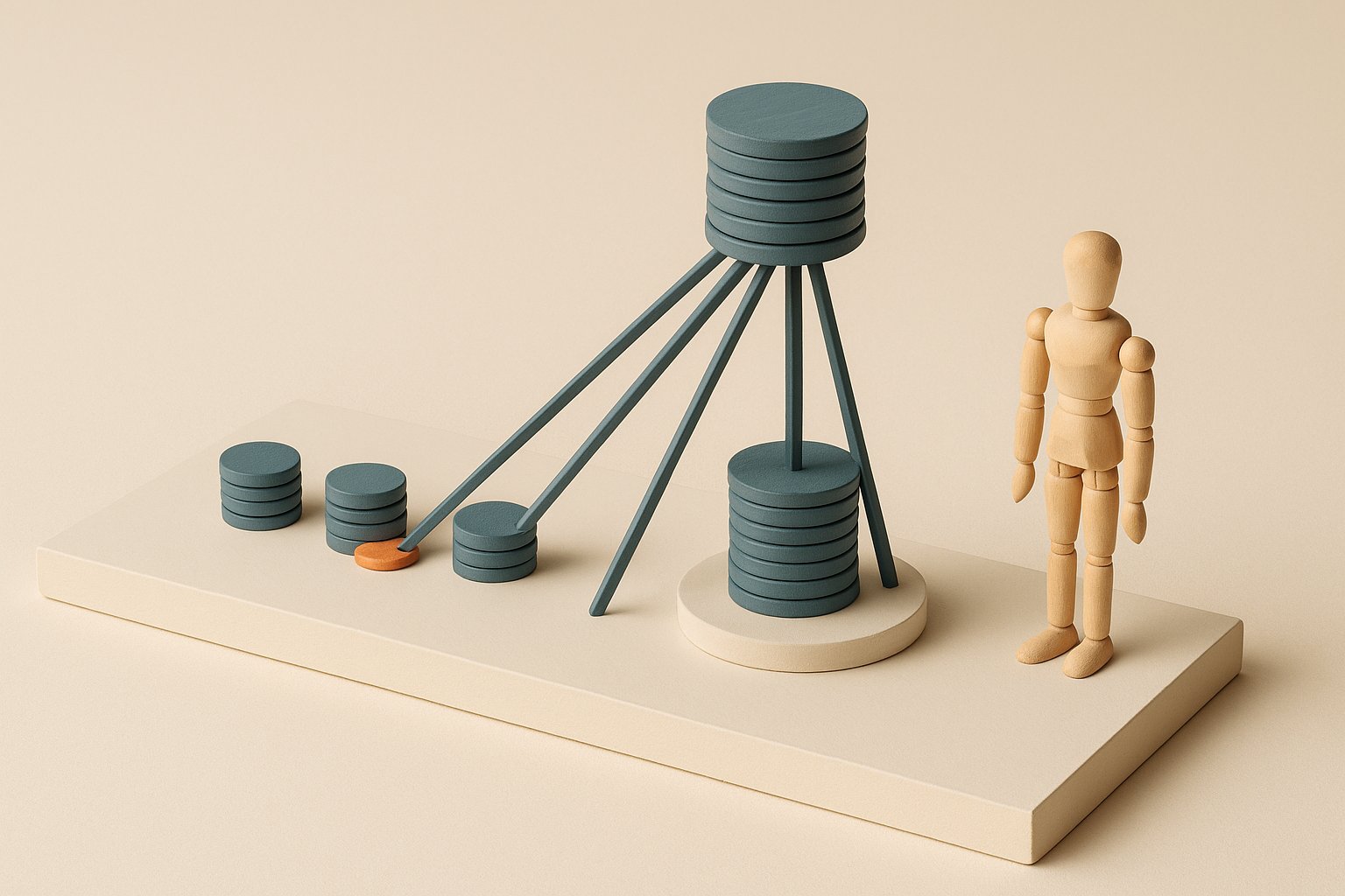 Maquette de scène miniature : plusieurs petites piles de pièces fusionnent en une seule grande pile, symbole du rachat de crédit