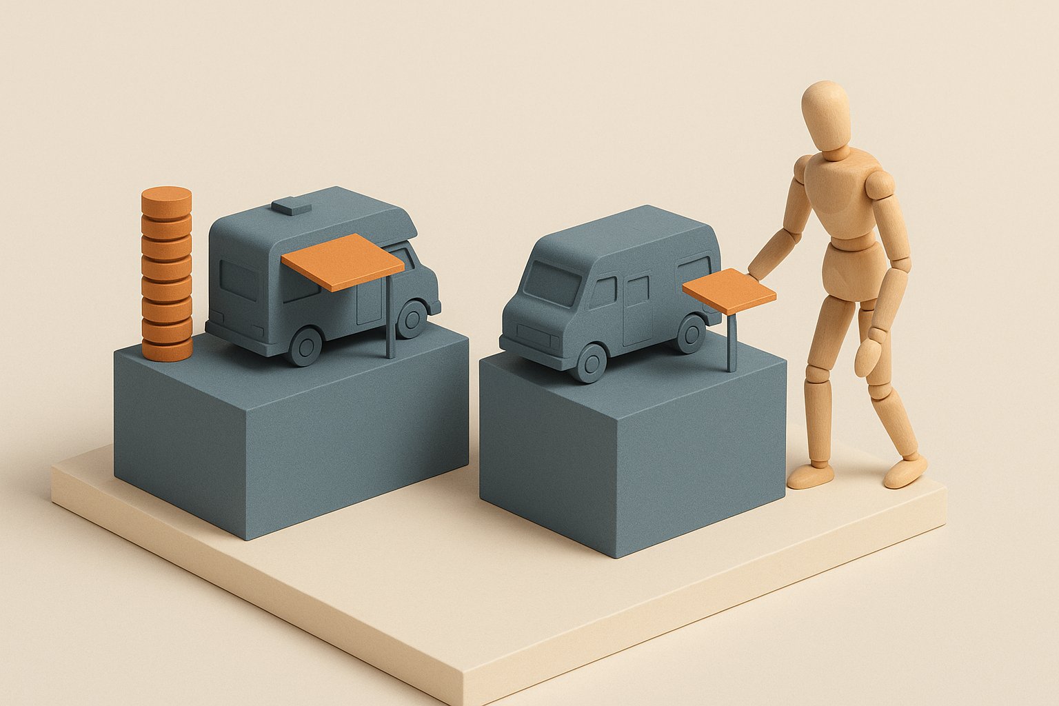 Deux socles : a gauche un camping-car relie par une barre a une colonne de jetons, a droite le meme vehicule avec son auvent pose seul