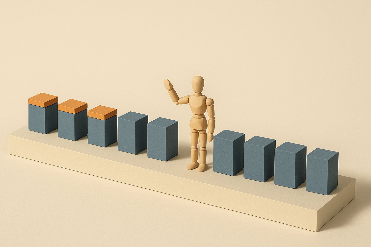 Rangee de cubes dont seuls les premiers portent un capuchon orange, un mannequin de bois a la limite