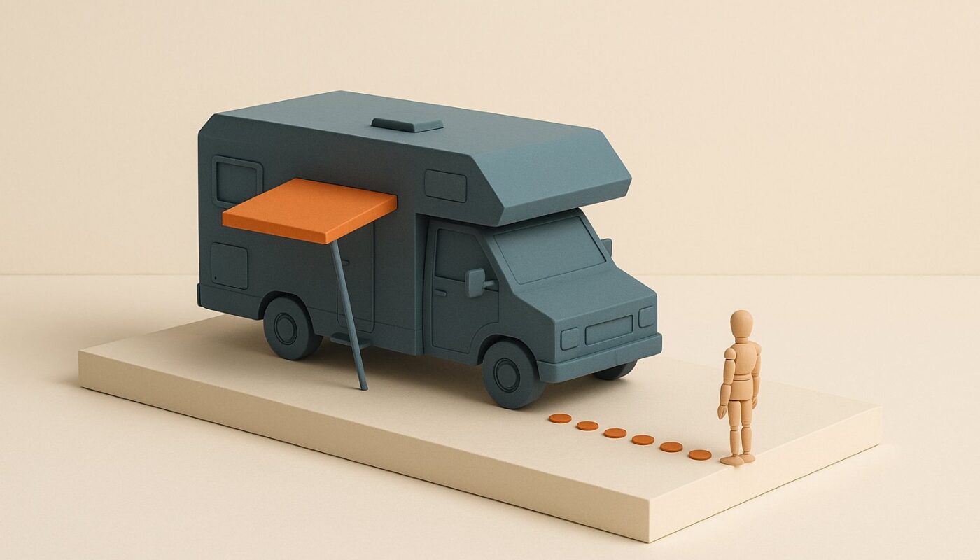 Maquette d un camping-car avec un auvent orange court et une longue file de jetons au sol, illustrant une garantie plus courte que le credit