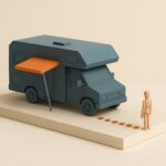 Maquette d un camping-car avec un auvent orange court et une longue file de jetons au sol, illustrant une garantie plus courte que le credit
