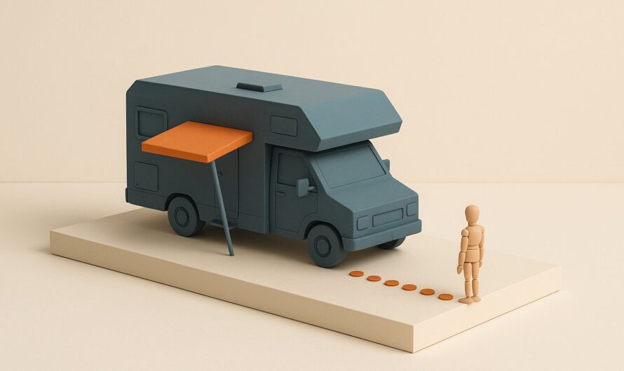Maquette d un camping-car avec un auvent orange court et une longue file de jetons au sol, illustrant une garantie plus courte que le credit