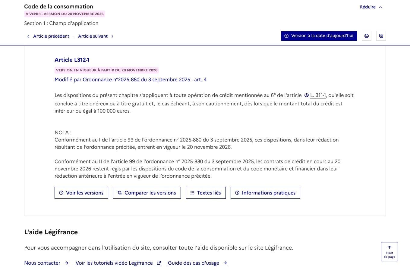 Capture de Légifrance : article L. 312-1 du code de la consommation, version en vigueur à partir du 20 novembre 2026, plafond de 100 000 euros