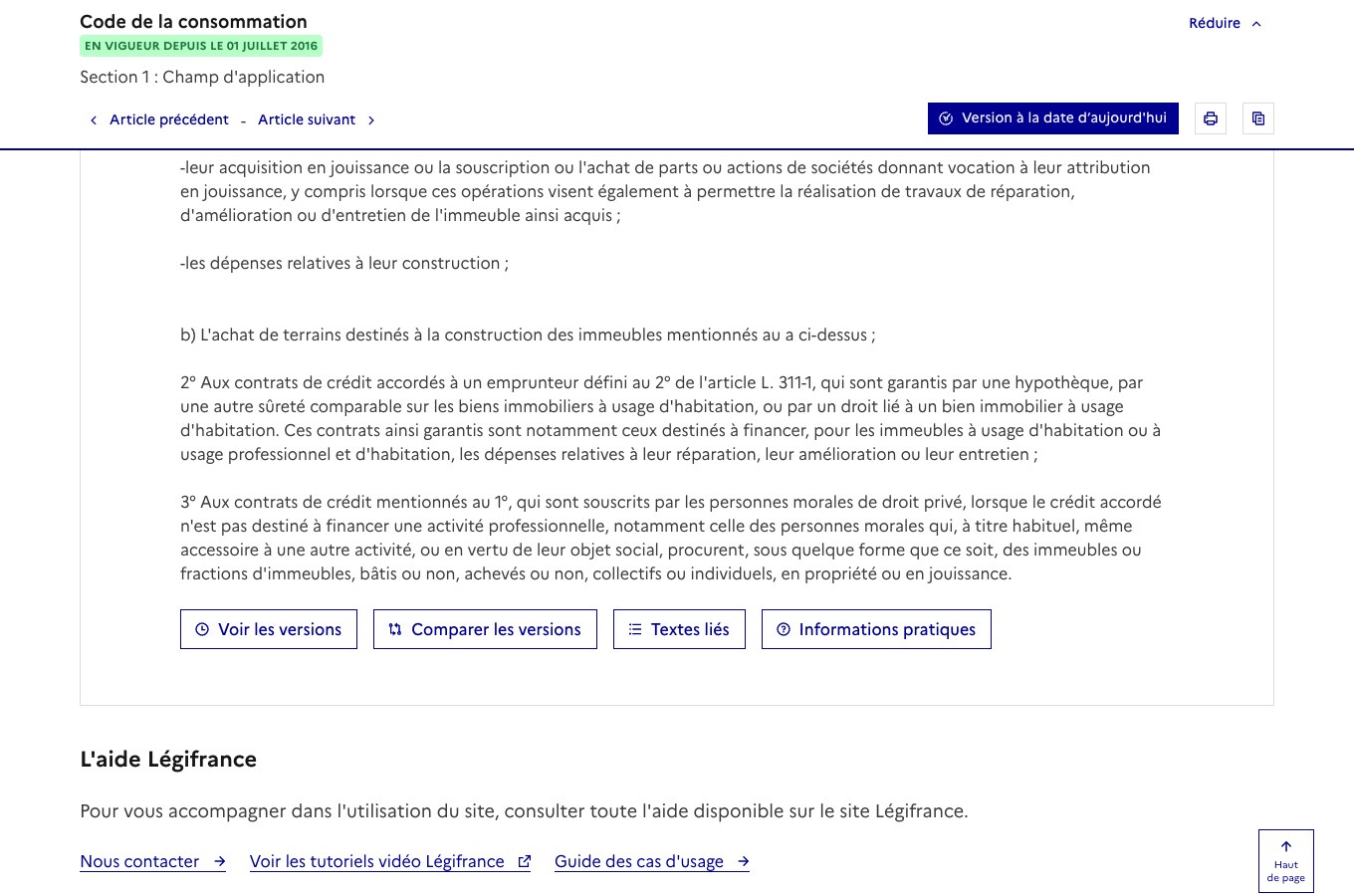 Capture de Légifrance : article L. 313-1 du code de la consommation, 3° visant les contrats de crédit souscrits par les personnes morales de droit privé