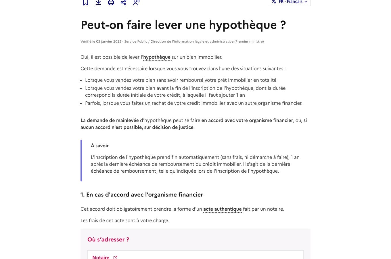 Capture de service-public.fr : l’inscription d’hypothèque prend fin automatiquement un an après la dernière échéance de remboursement