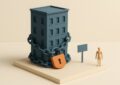 Immeuble miniature detenu en SCI entoure d une chaine fermee par un cadenas orange, image du credit en cours au moment de la vente