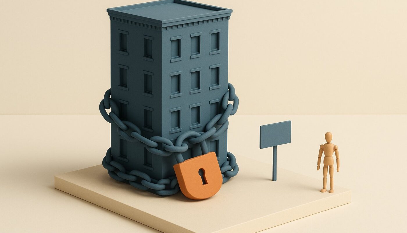 Immeuble miniature detenu en SCI entoure d une chaine fermee par un cadenas orange, image du credit en cours au moment de la vente