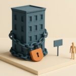Immeuble miniature detenu en SCI entoure d une chaine fermee par un cadenas orange, image du credit en cours au moment de la vente