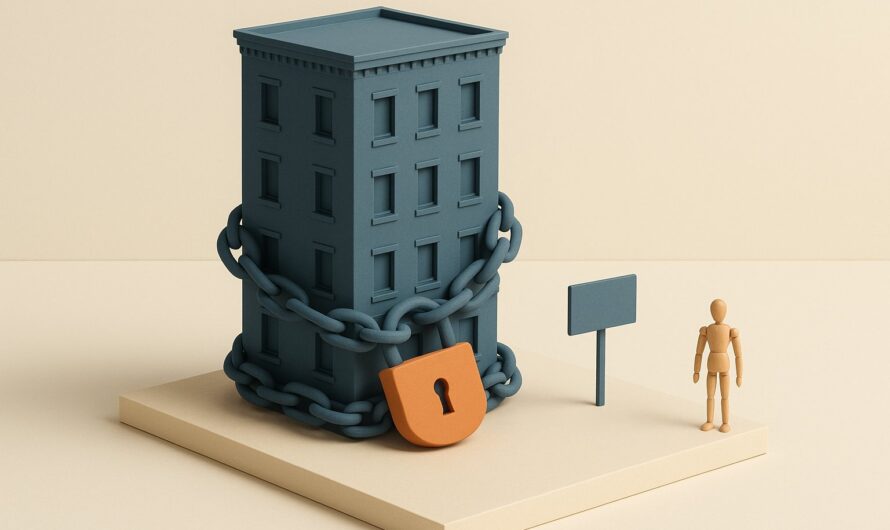 Immeuble miniature detenu en SCI entoure d une chaine fermee par un cadenas orange, image du credit en cours au moment de la vente