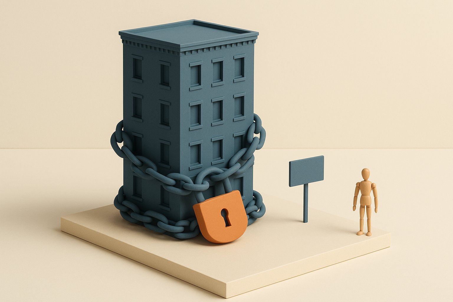 Immeuble miniature detenu en SCI entoure d une chaine fermee par un cadenas orange, image du credit en cours au moment de la vente