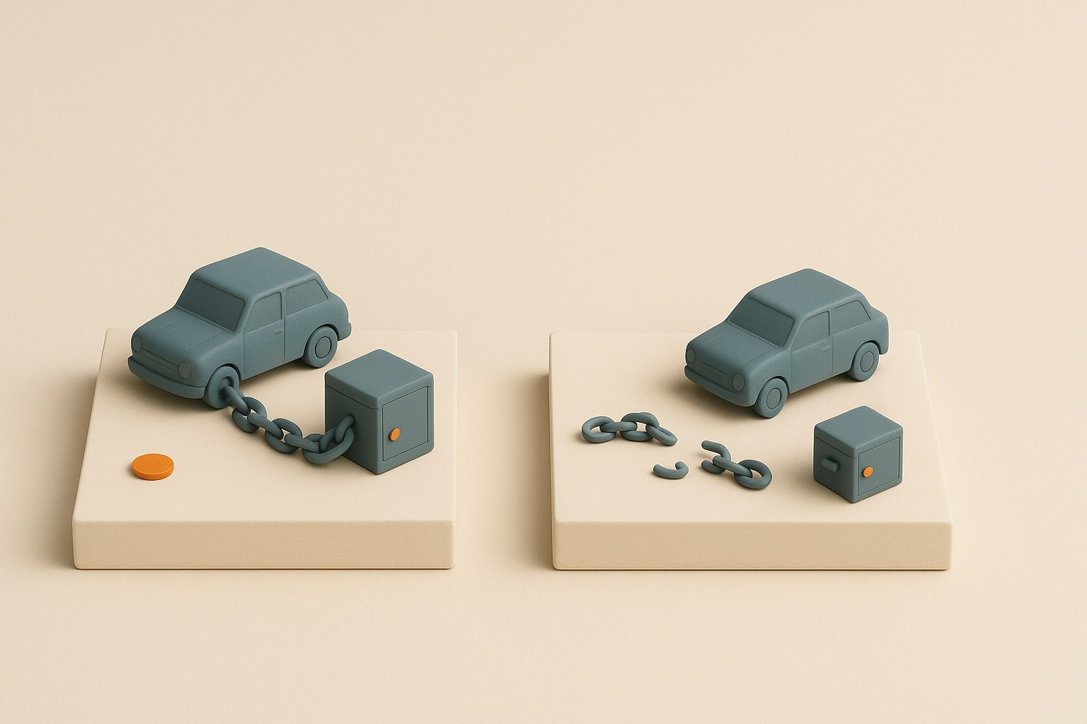 Deux maquettes, une voiture reliée à un coffre par une chaîne et la même chaîne brisée à côté d'une seconde voiture
