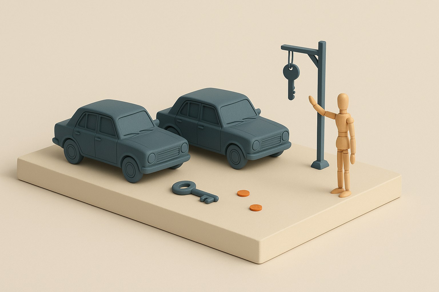 Deux voitures maquettes identiques, une clé posée sur le socle et une clé suspendue hors de portée