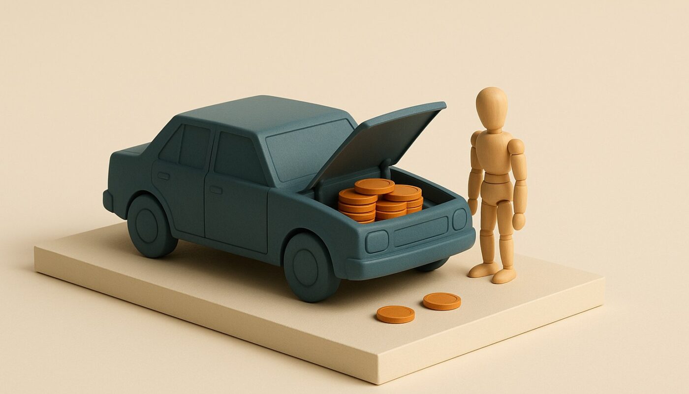 Maquette de voiture au capot ouvert rempli de jetons, image du cout reel d un credit auto