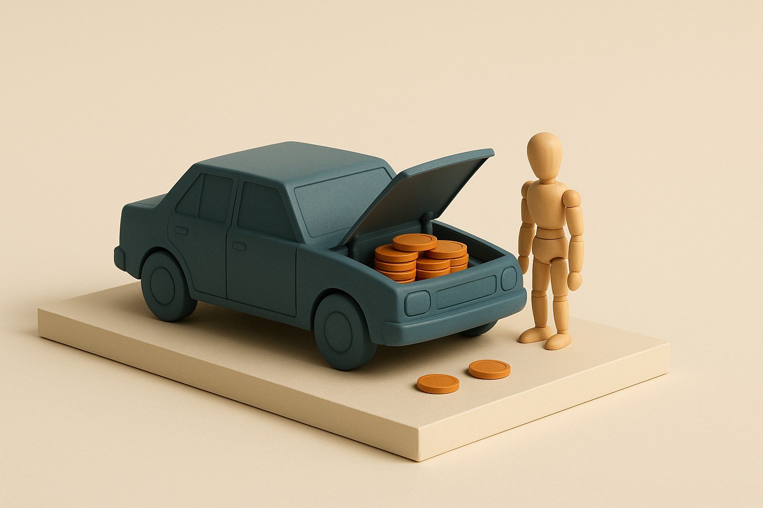 Maquette de voiture au capot ouvert rempli de jetons, image du cout reel d un credit auto