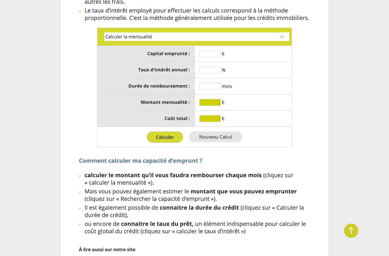 Capture du calculateur de crédit immobilier de La finance pour tous : capital emprunté, taux d'intérêt annuel, durée de remboursement, montant de la mensualité et coût total
