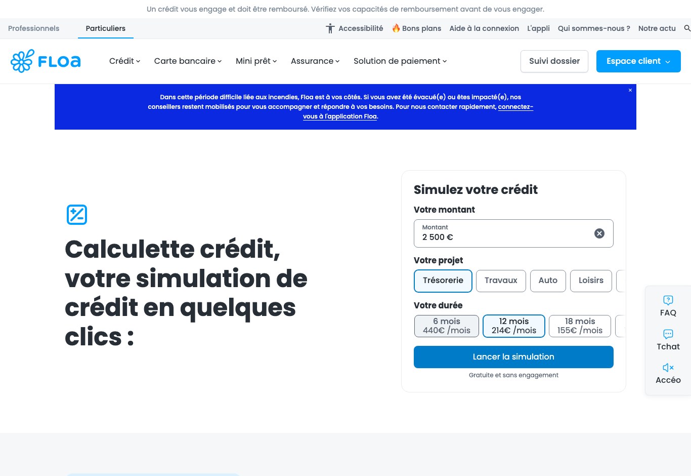 Capture de la calculette de crédit de Floa affichant un montant, un type de projet et trois durées avec la mensualité correspondante, sous un bandeau d'avertissement légal