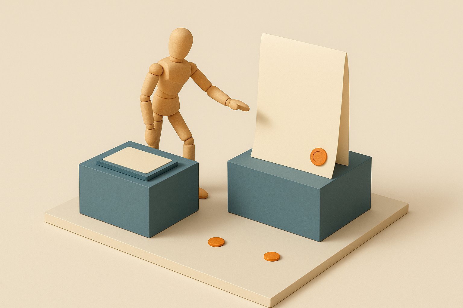 Diorama maquette : sur un socle une tablette à écran vierge, sur un autre socle séparé une grande feuille vierge scellée d'un cachet orange, un mannequin de bois tend le bras entre les deux