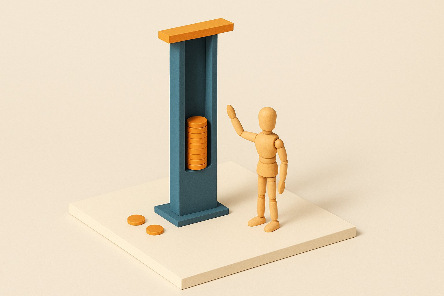Diorama maquette : une colonne slate coiffée d'une barre orange, remplie de jetons empilés qui montent presque jusqu'à la barre