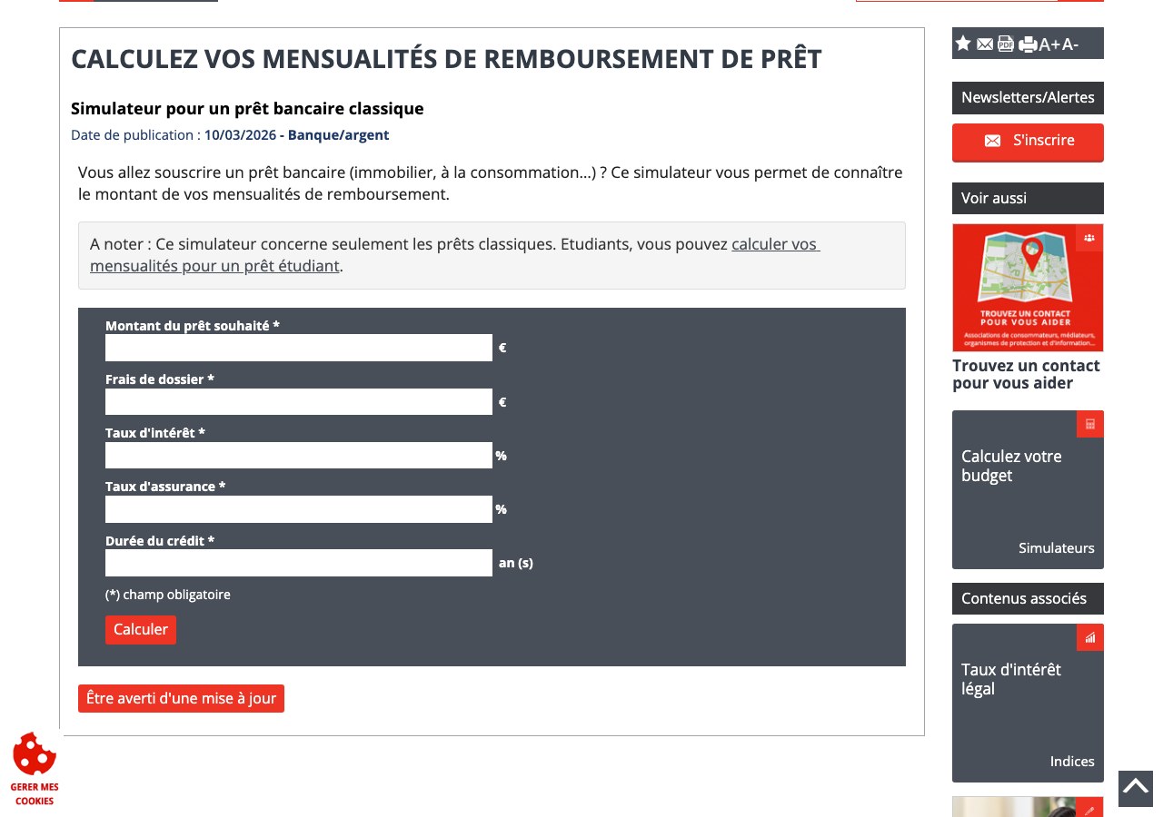 Capture du simulateur de mensualités de l'Institut national de la consommation avec les champs montant, frais de dossier, taux d'intérêt, taux d'assurance et durée