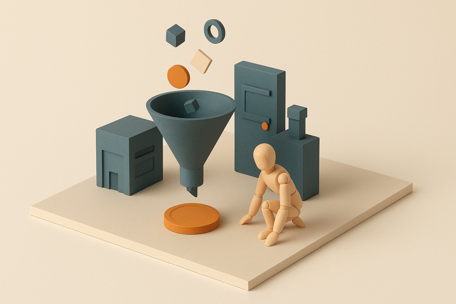 Diorama maquette : un entonnoir slate reçoit plusieurs petits objets distincts et n'en ressort qu'un seul gros jeton orange, image du TAEG qui agrège tous les frais