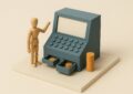 Diorama maquette d'une machine a calculer avec un petit tas et un grand tas de jetons, illustrant une simulation de credit gratuite