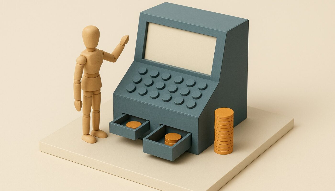 Diorama maquette d'une machine a calculer avec un petit tas et un grand tas de jetons, illustrant une simulation de credit gratuite