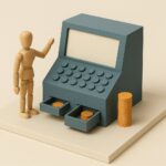 Diorama maquette d'une machine a calculer avec un petit tas et un grand tas de jetons, illustrant une simulation de credit gratuite