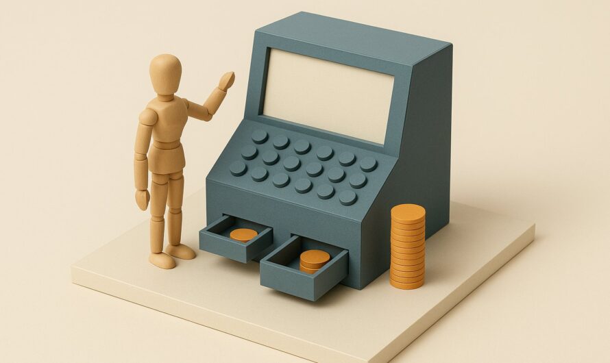 Diorama maquette d'une machine a calculer avec un petit tas et un grand tas de jetons, illustrant une simulation de credit gratuite