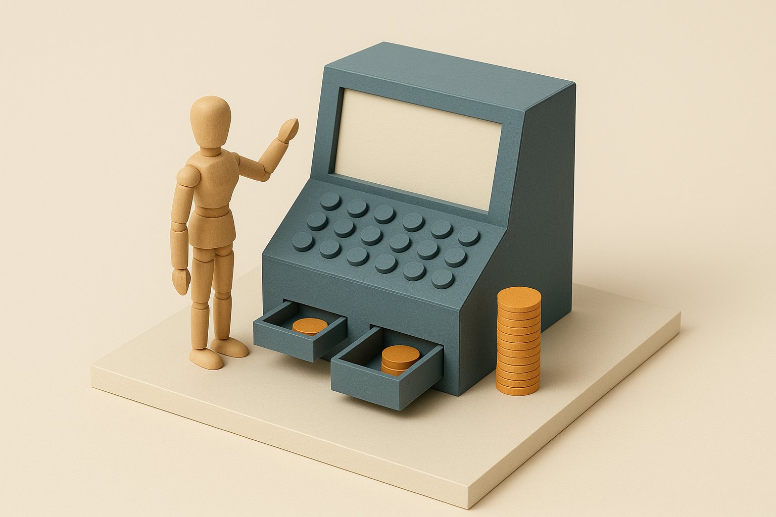 Diorama maquette d'une machine a calculer avec un petit tas et un grand tas de jetons, illustrant une simulation de credit gratuite